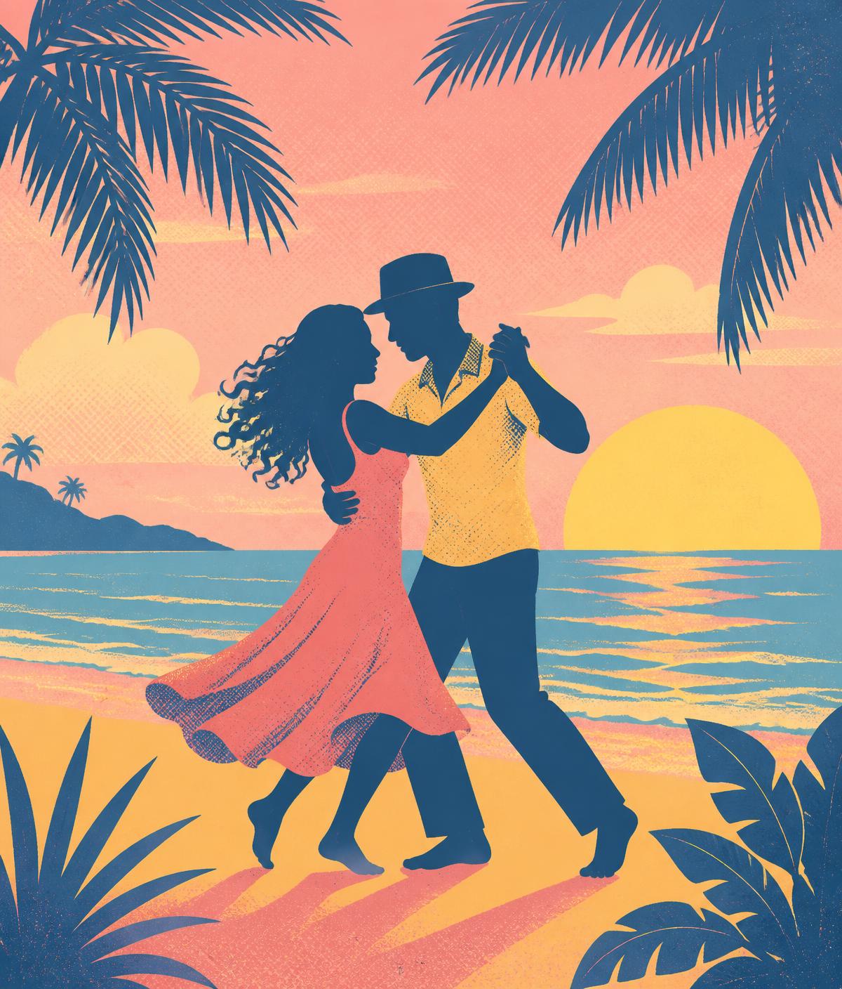 Ilustração de um casal dançando forró na praia ao pôr do sol