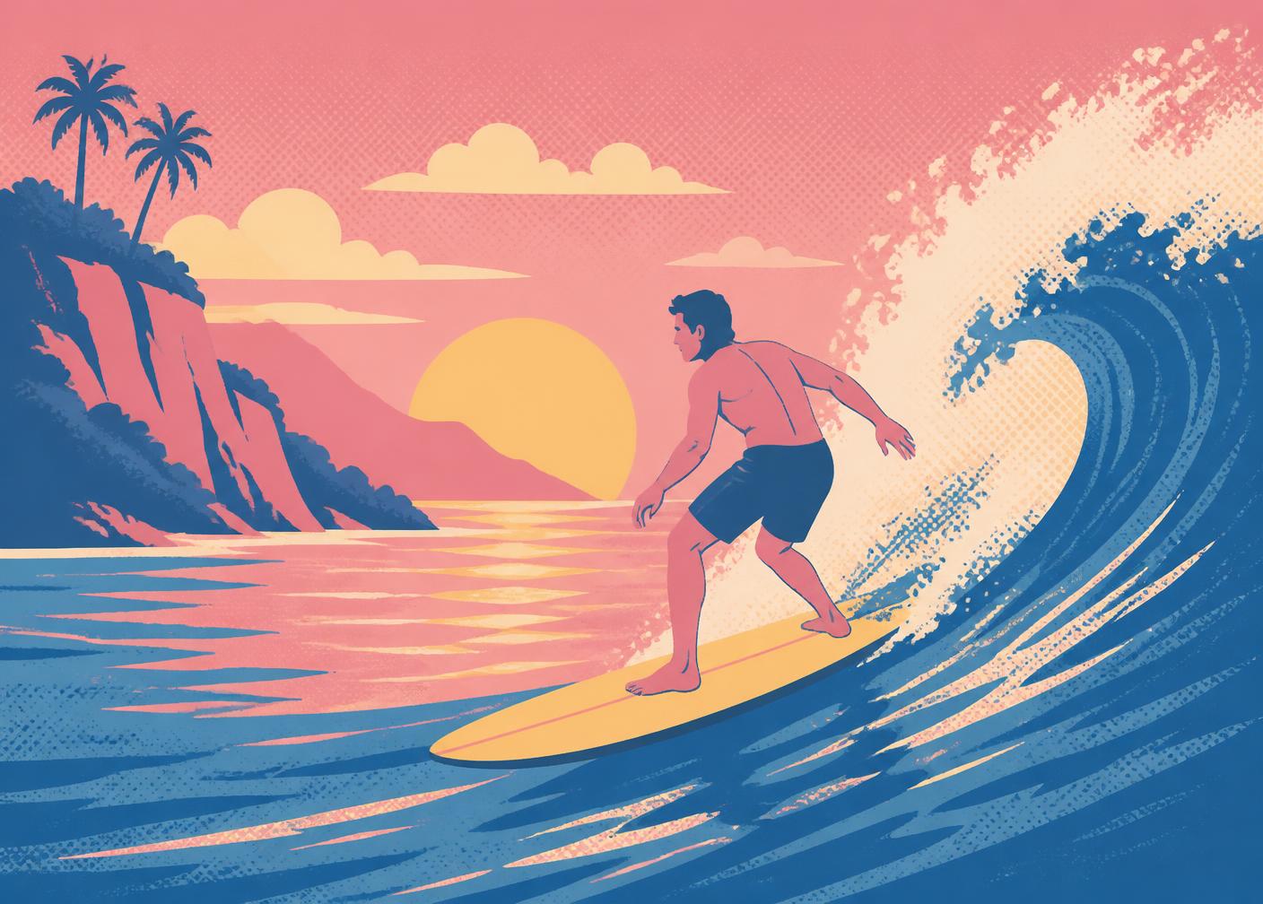 Ilustração de surfista pegando onda ao pôr do sol na Praia do Rosa